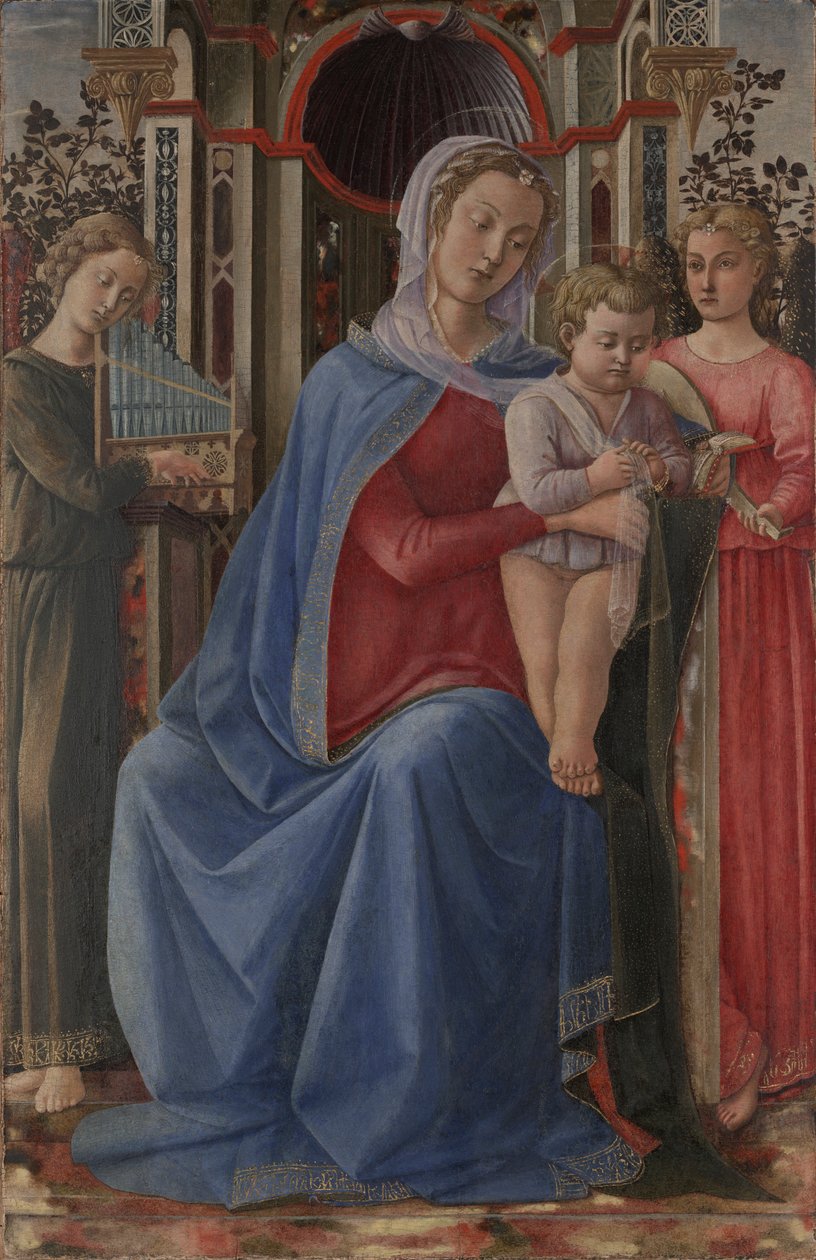 İki Melekli Bakire ve Çocuk by Master of the Castello Nativity