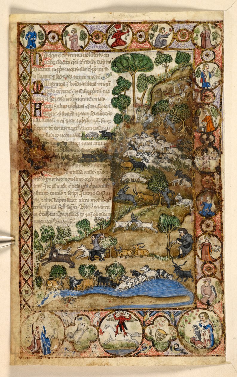 Ekle. 28841, f.1v: Hayvanların yaşadığı eşkenar dörtgen, yuvarlak ve dört yapraklı geometrik tam sayfa kenarlıklar ve figüratif sahneler: Koyun ve keçileri izleyen ve kurtlarla savaşan çobanlar, sınırda at sırtında duran kırmızı bir şeytan, bir Treat