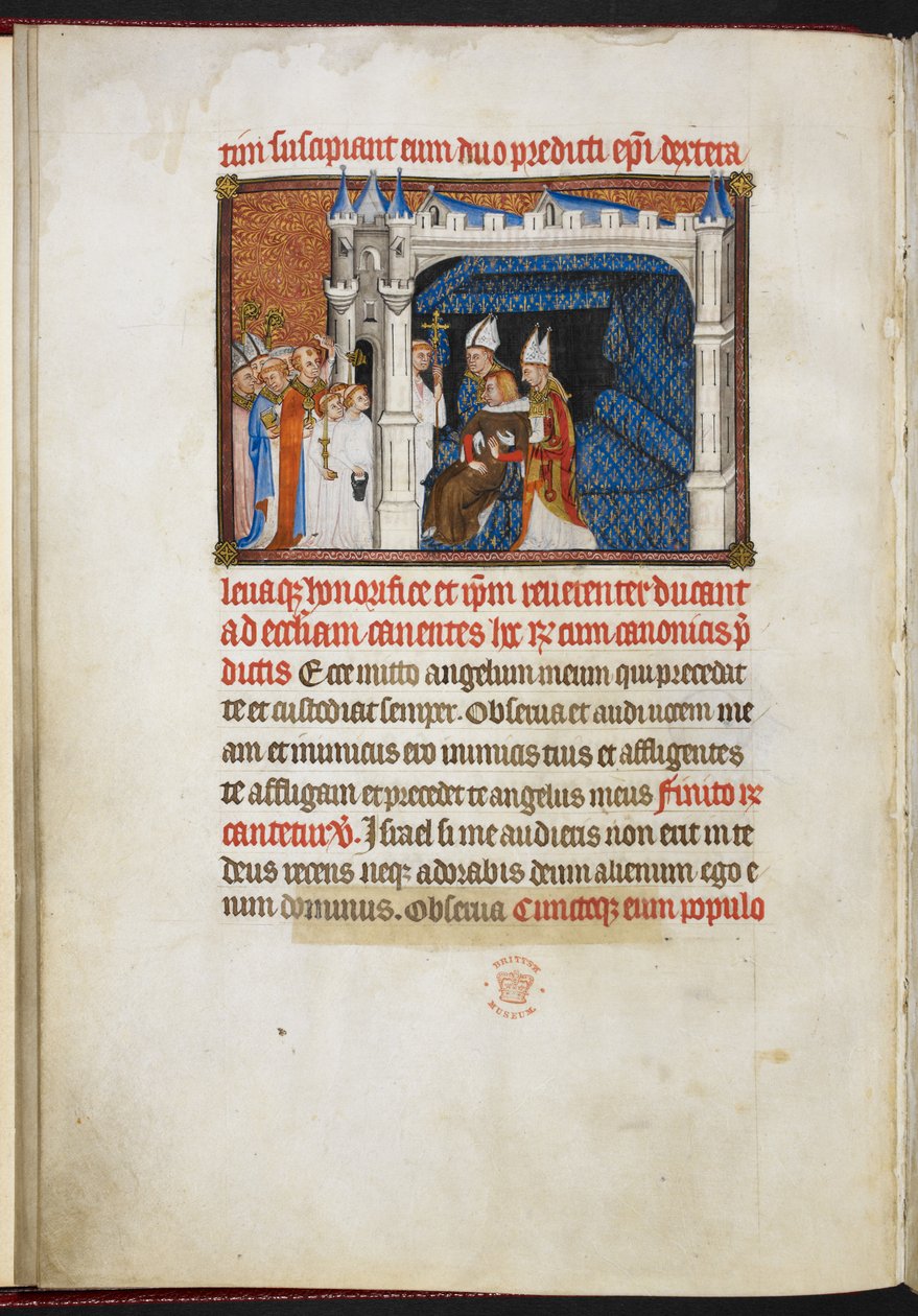 Cotton Tiberius B.VIII f.44v Reims ve Beauvais Piskoposları, Kralı talamustan, 