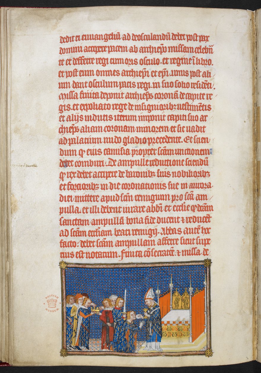 Pamuk Tiberius B. VIII f.65v Kral Charles V, Rheims Başpiskoposu komünyon gofretini ağzına yerleştirirken diz çökmüş, 
