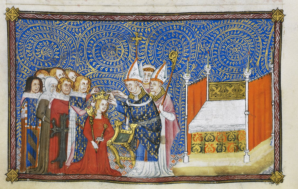 Cotton Tiberius B. VIII f.69v Reims Başpiskoposu tacı kraliçenin başına yerleştiriyor ve baronlar tacını koruyor, 