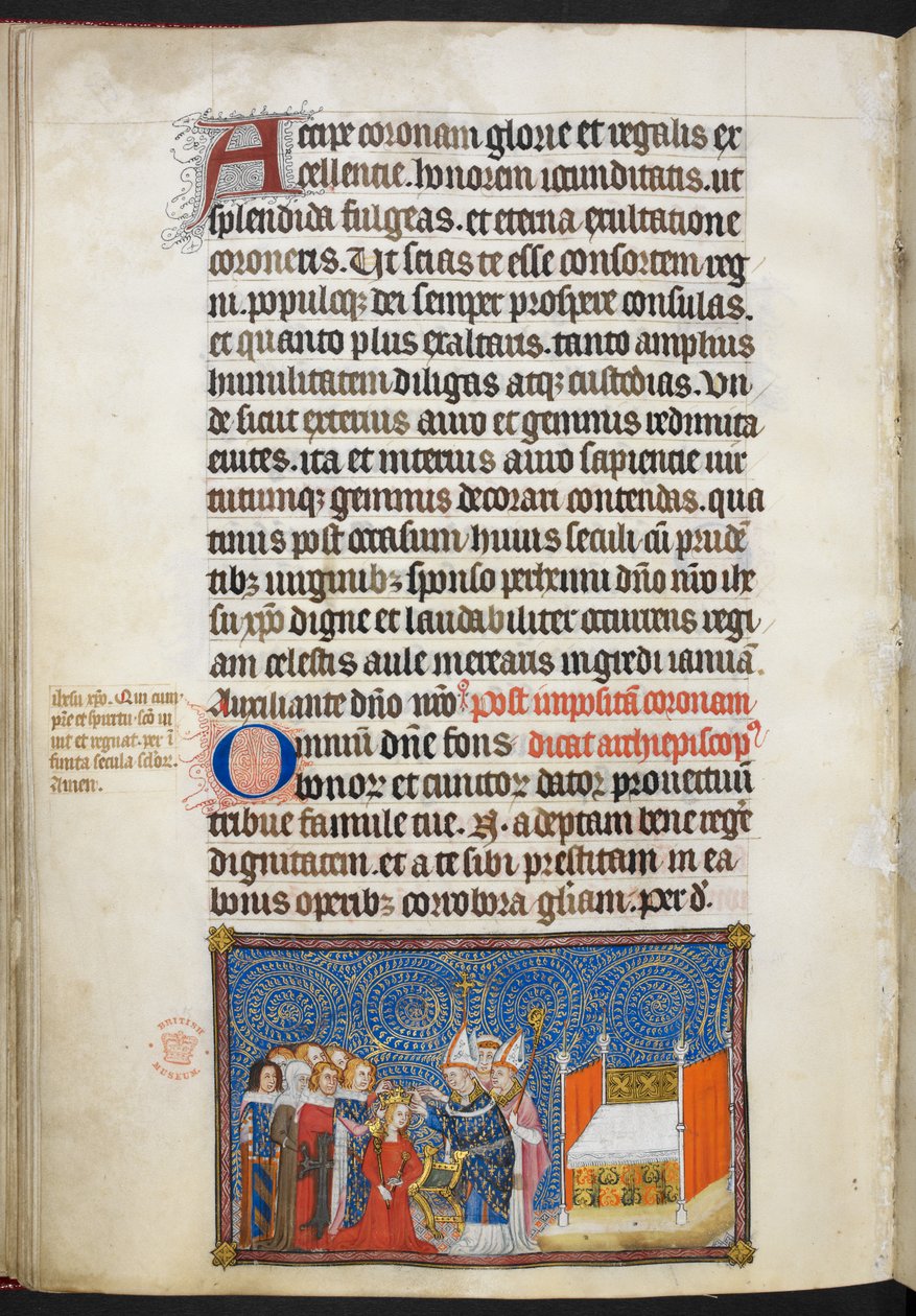 Cotton Tiberius B. VIII f.69v Reims Başpiskoposu tacı kraliçenin başına yerleştiriyor ve baronlar tacını koruyor, 