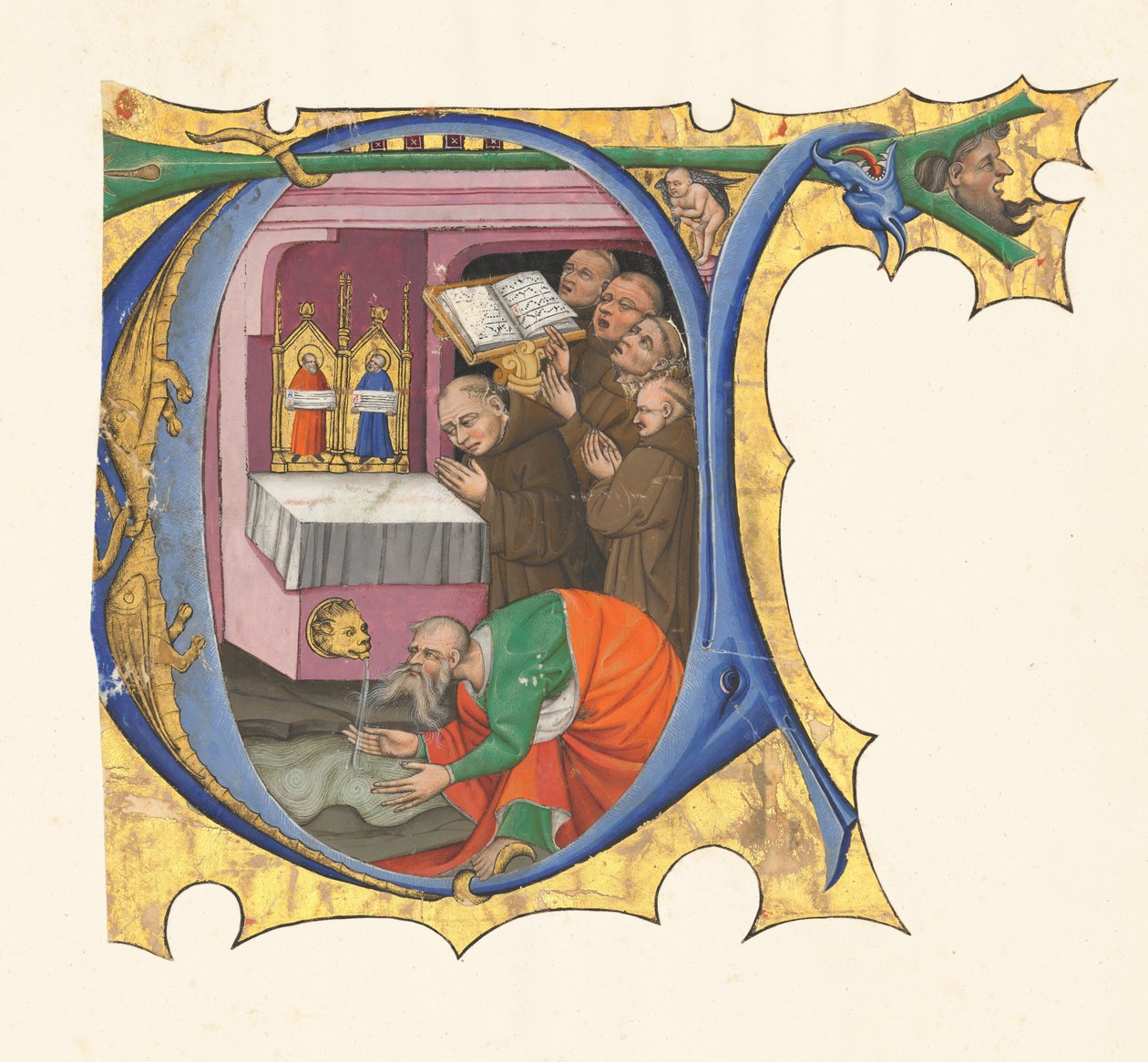 Bir grup Benedictine keşişinin su çıkaran bir sunağın önünde şarkı söylediği ilk T by Master of the Cypresses