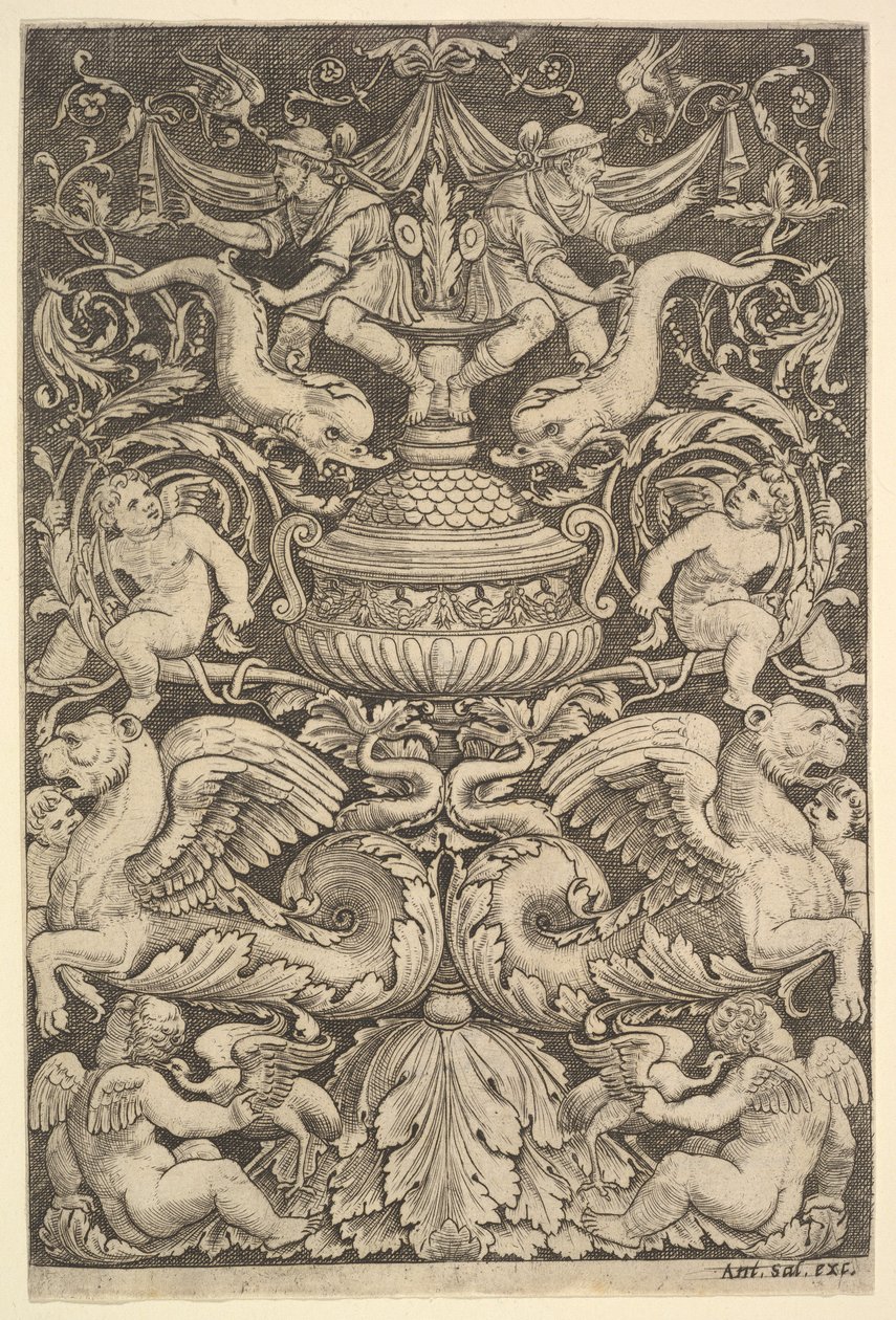 Ortasında büyük bir kavanoz, putti ve diğer figürlerin bulunduğu bir süsleme panosu, 1530-60. by Master of the Die