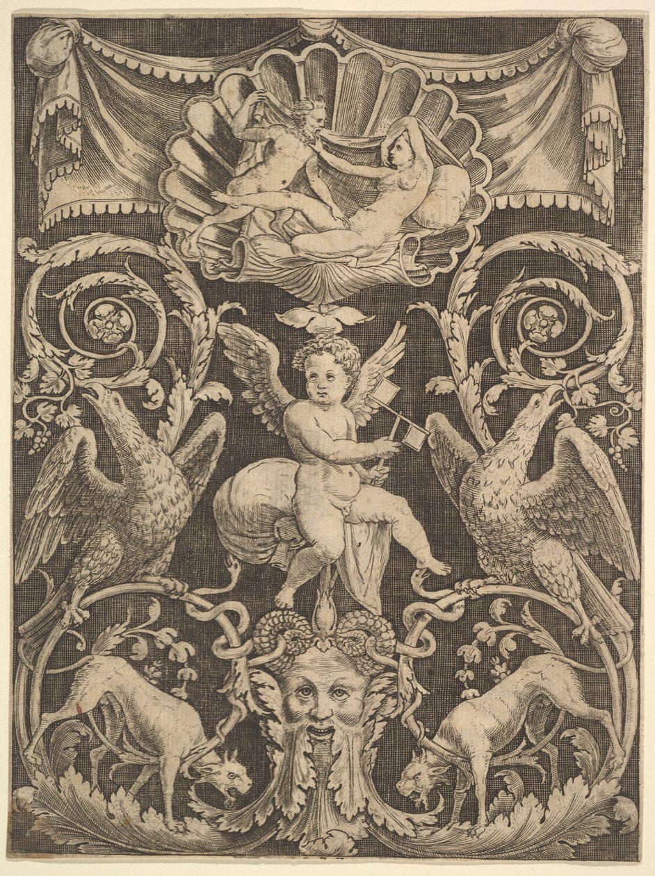 Ortasında bir yel değirmeni tutan bir putto bulunan bir süsleme paneli, 1532. by Master of the Die
