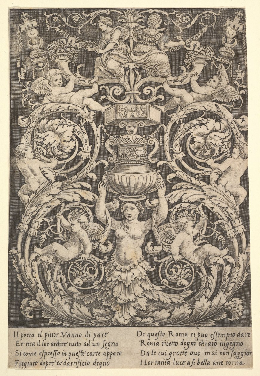 Ortasında bir vazo tutan bir kadınla süs panosu, 1532. by Master of the Die