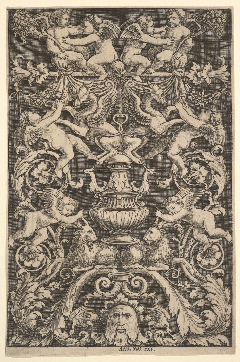 Putti, keçi ve diğer figürlerle süslenmiş pano, 1530-60. by Master of the Die