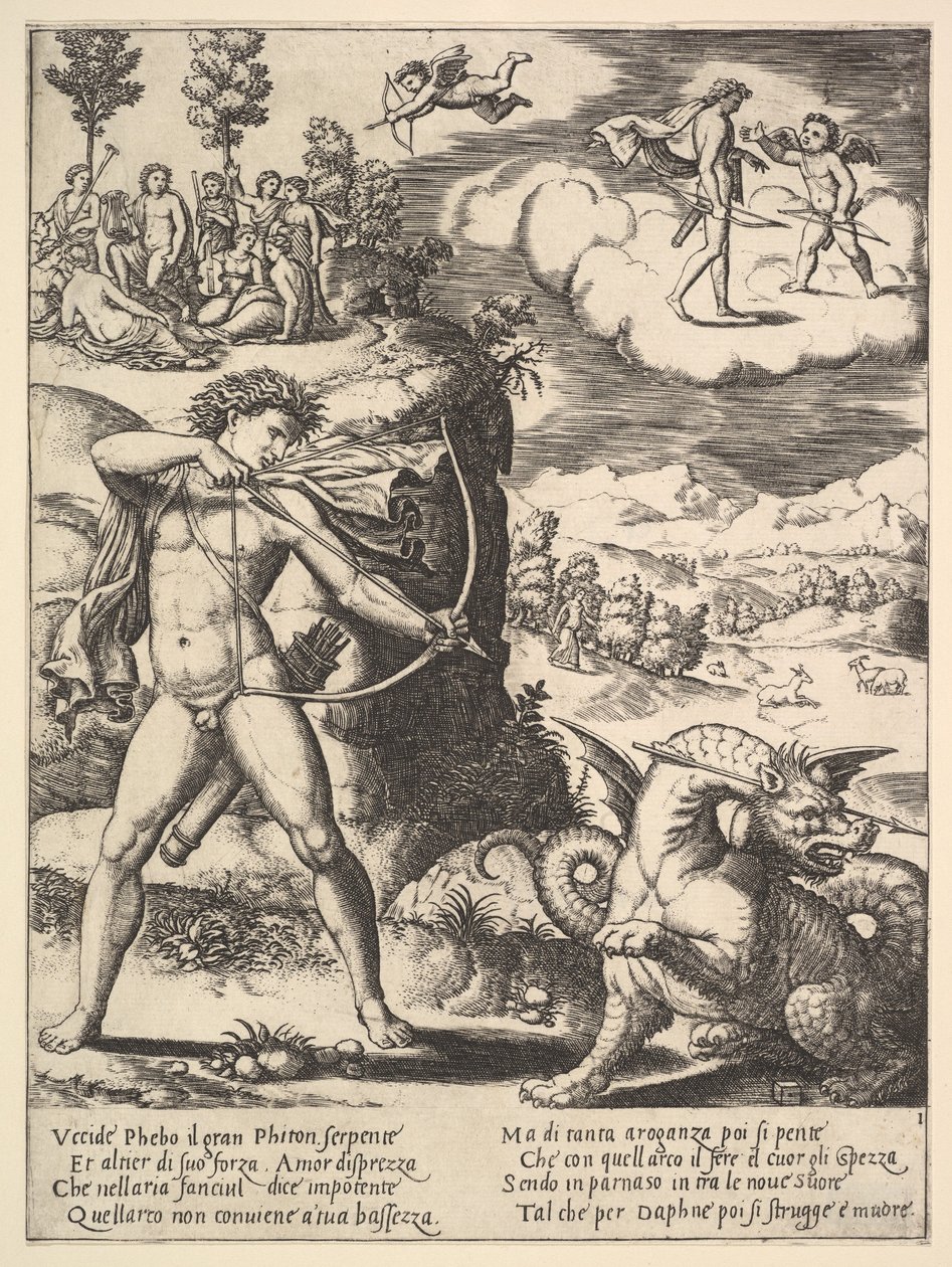 Solda duran Apollo okla bir pitonu vuruyor, yukarıda solda ilham perisi..., 1530-60. by Master of the Die