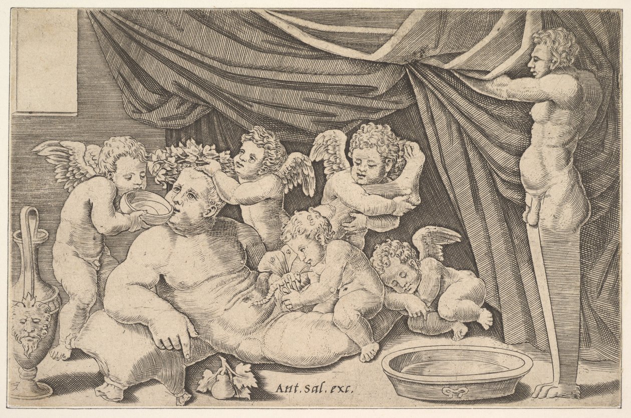 Bacchus, Putti ile çevrili, sağda Priapus heykeli, 1530-60. by Master of the Die