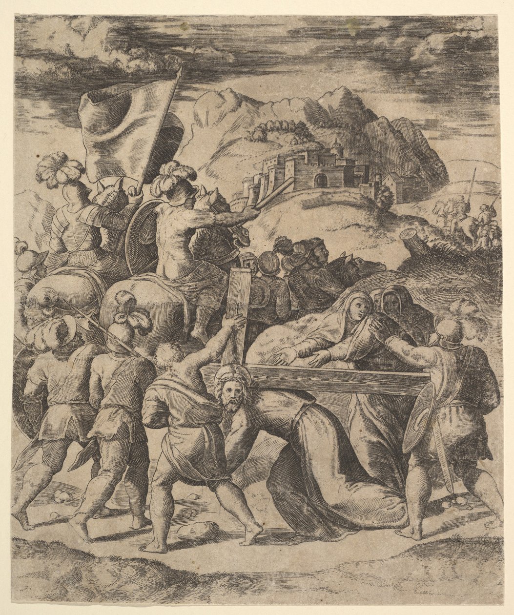 Askerler tarafından çevrili haçı taşıyan İsa, birkaç at sırtında, 1530-60. by Master of the Die