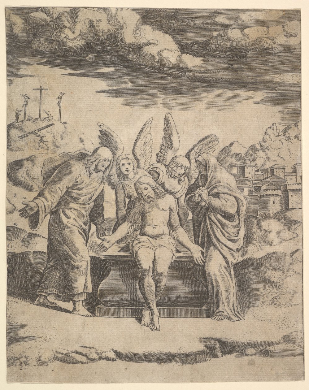 Melekler tarafından desteklenen mezarda oturan Mesih, 1530-60. by Master of the Die