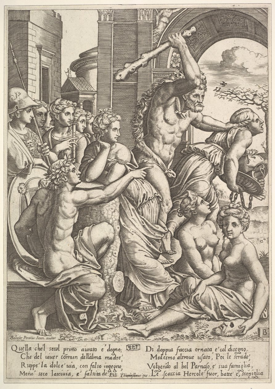 Sağdaki Kıskançlık veya Hırs, Herkül tarafından İlham Perilerinin tapınağından sürülürken ..., 1530-60. by Master of the Die