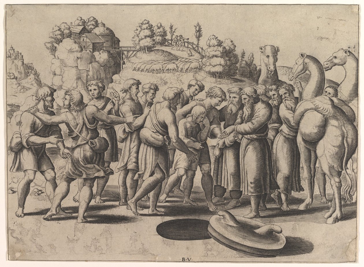 Ortadaki Yusuf, kardeşleri tarafından bir kuyunun başında satılıyor, develer sağda, 1533. by Master of the Die
