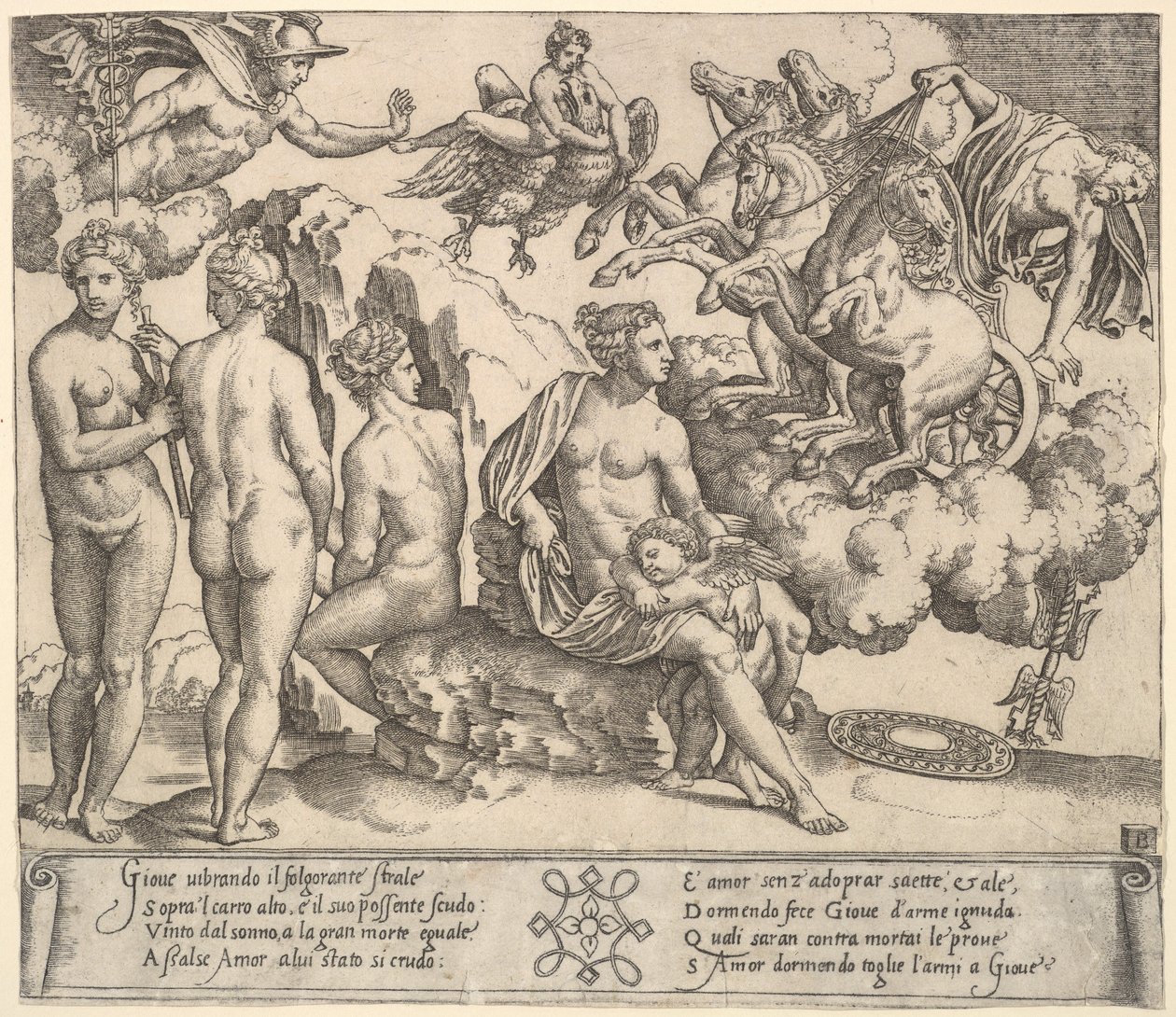 Sağda atlı bir arabadan yuvarlanan Jüpiter, kartal şeklinde Ganymede..., 1530-60. by Master of the Die