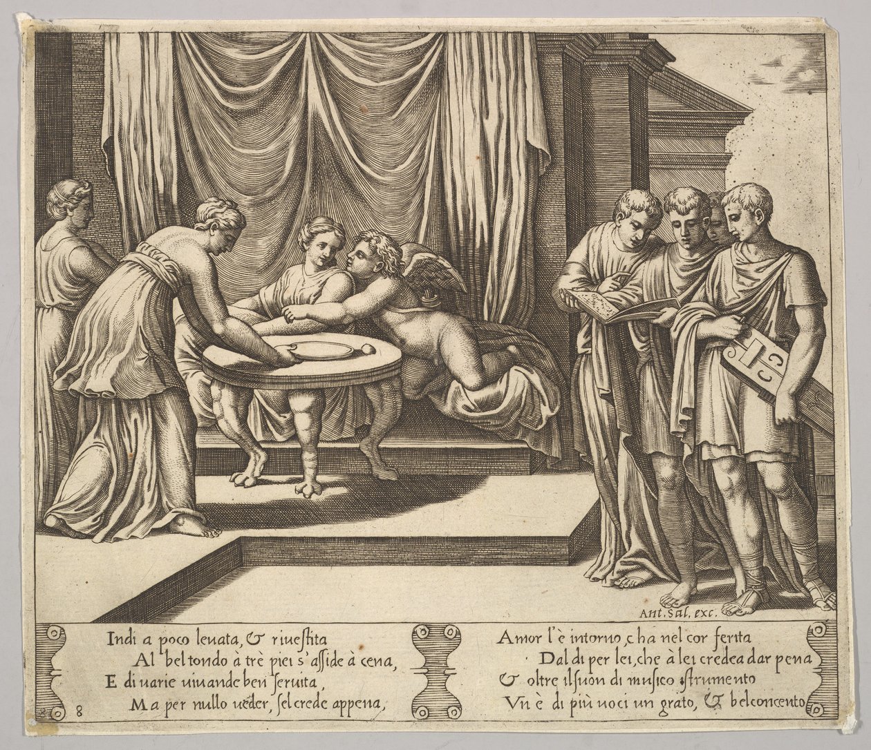 Levha 8: Bir masada oturan ve görünmez hizmetçilerin eşlik ettiği Psyche, g..., 1530-60. by Master of the Die