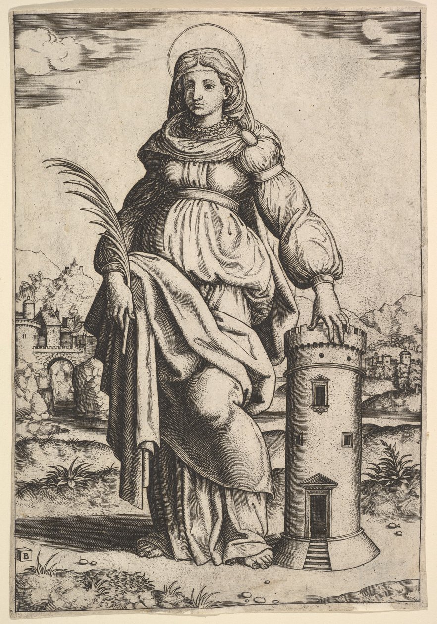 Aziz Barbara ayakta, avuç içi sağ elinde, sol elini bir kuleye dayamış, 1530-60. by Master of the Die