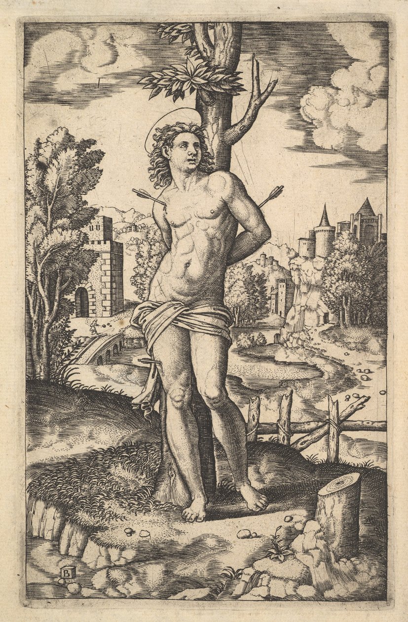 Aziz Sebastian, 1530-60, oklarla delinmiş bir ağaca bağlı. by Master of the Die