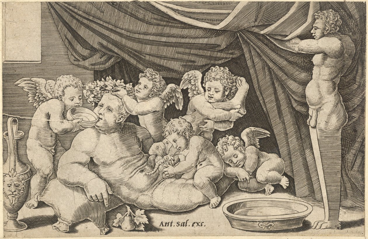Roma İhtişamı Aynası: Priapus holding ile Putti ile çevrili Bacchus ..., 16. yüzyıl. by Master of the Die