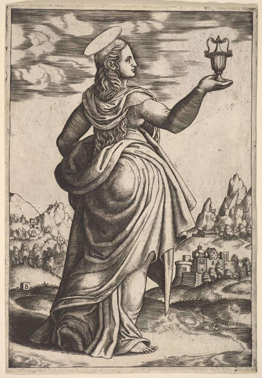 Magdalalı ayakta duruyor, kavanozu kaldırdığı sağ elinde tutuyor, 1530-60. by Master of the Die