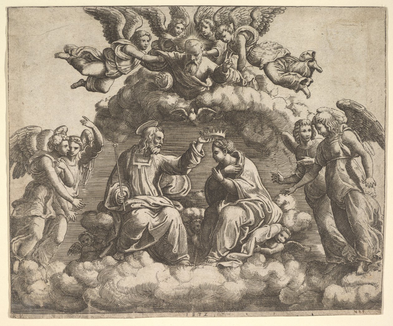 Bakire'nin taç giyme töreni, İsa'nın tacı başının üzerinde tutması, Baba Tanrı korusun..., 1532. by Master of the Die