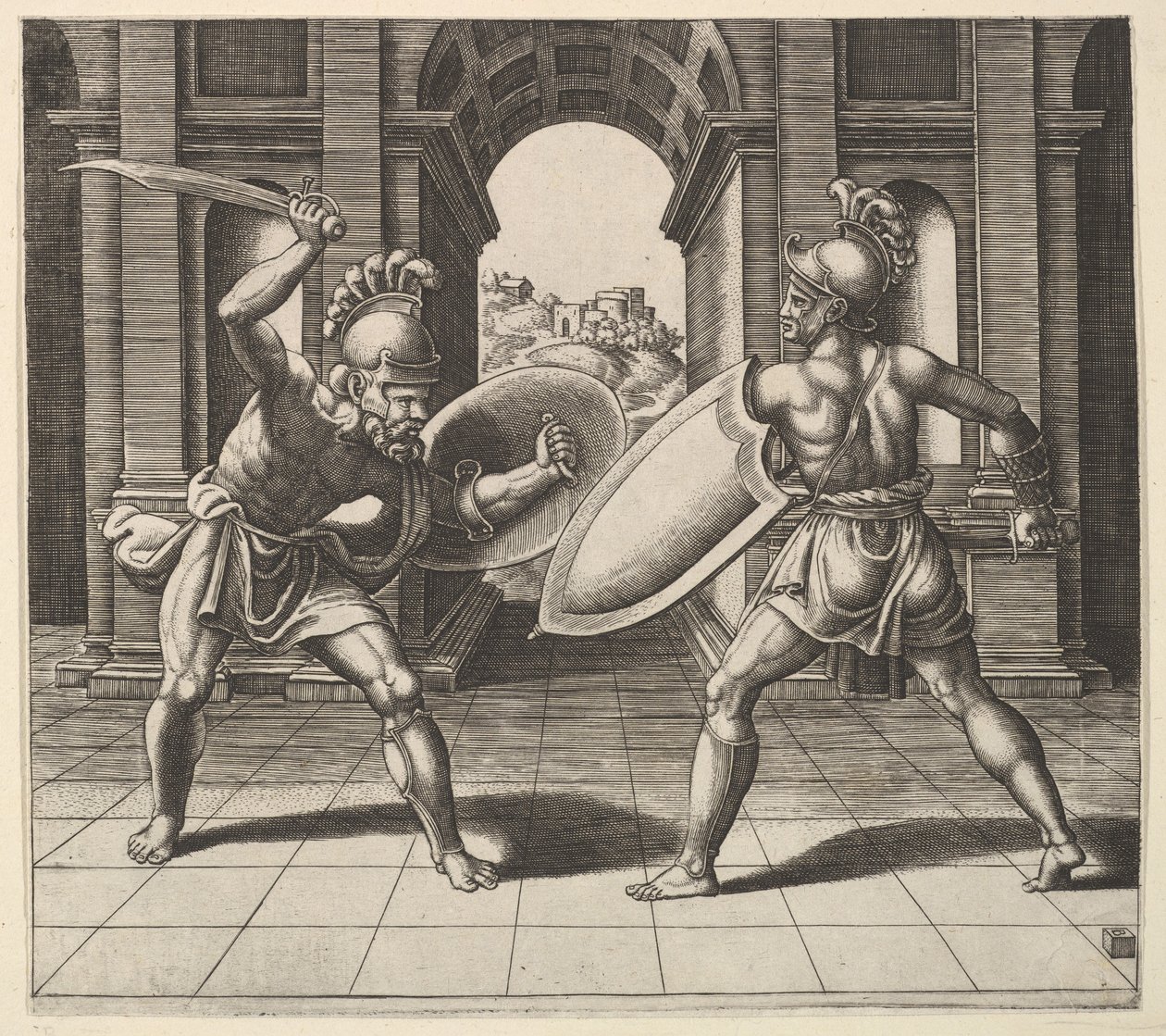 Bir kemerin önünde dövüşen iki gladyatör, 1530-60. by Master of the Die