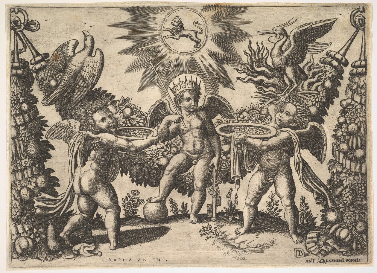 Zenginlik tanrısı kılığında bir puttoya altın dolu bardaklar sunan iki putti..., yaklaşık. 1530-40. by Master of the Die