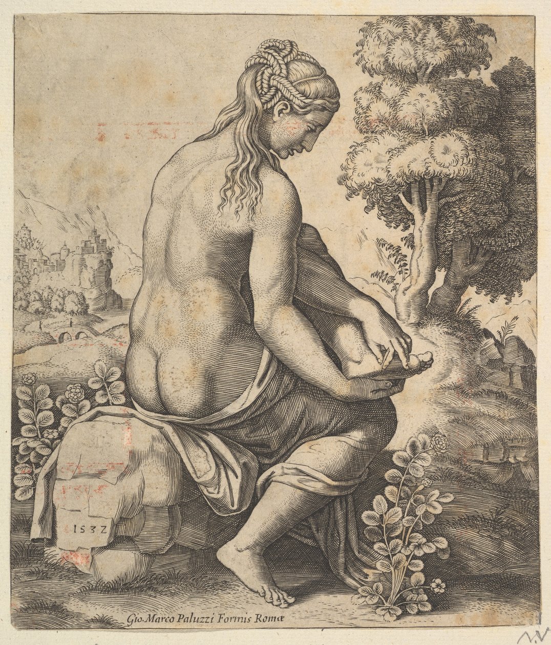 Venüs ayağından bir diken çıkarırken, 1532. by Master of the Die