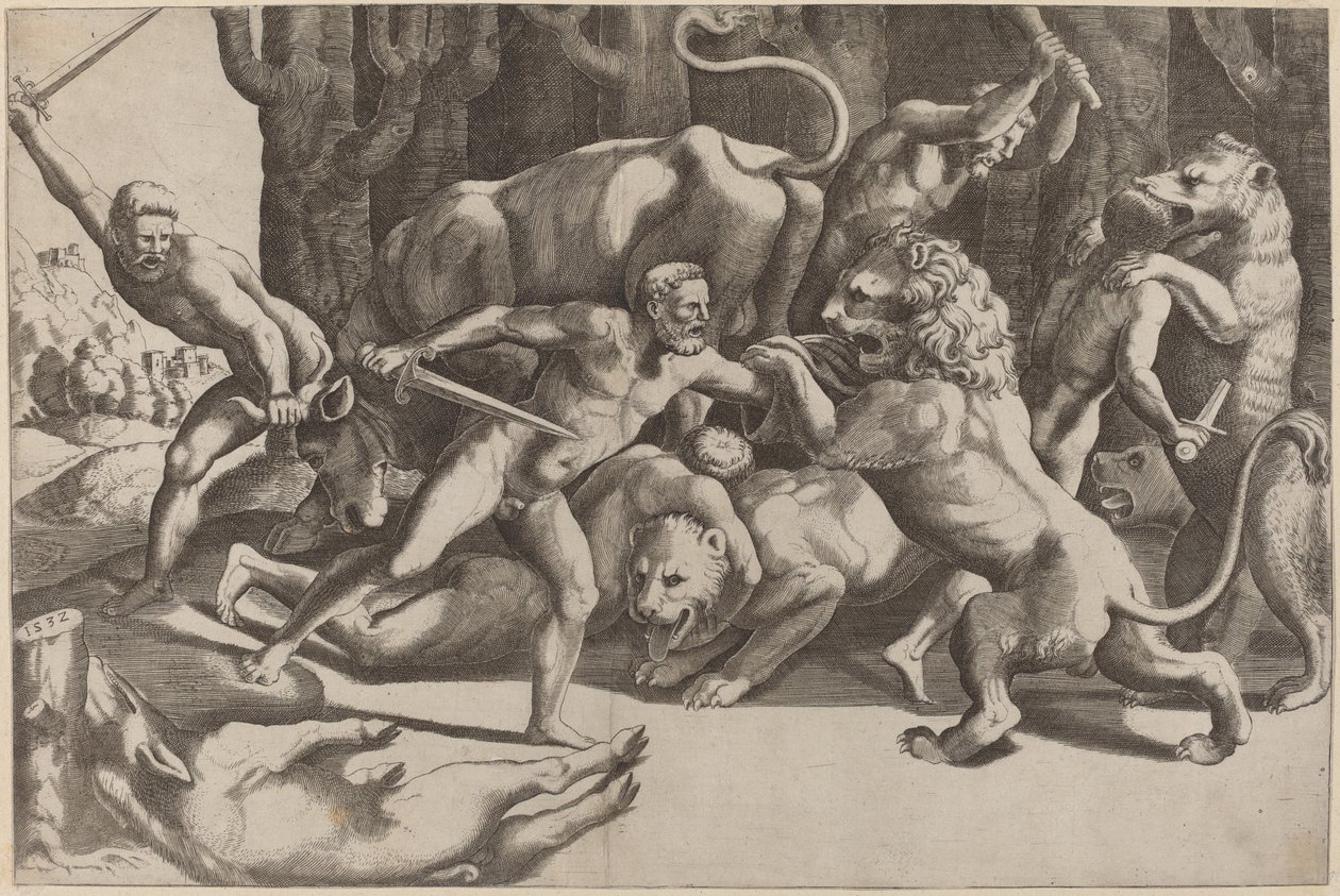 Canavarlarla Dövüşen Beş Adam by Master of the Die after Giulio Romano