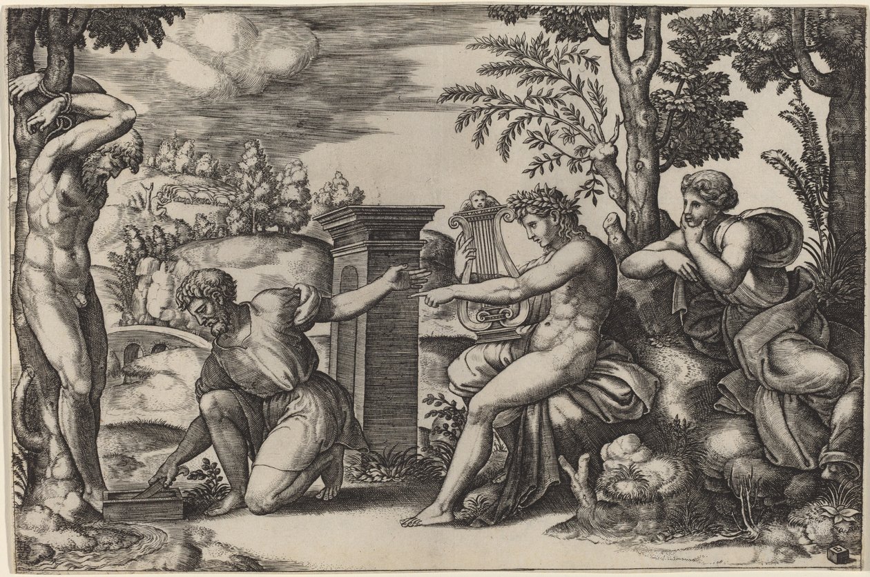 Apollon ve Marsyas by Master of the Die after Raphael