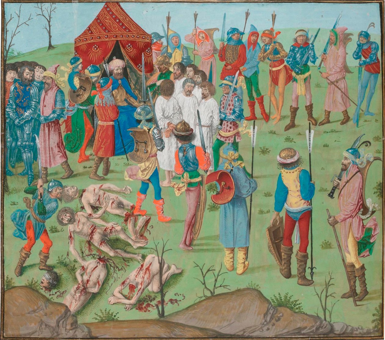 Nikopol Savaşı sonrası Rahova katliamının intikamı olarak Hıristiyanların katledilmesi. Jean Froissart, Kronikler, Flandres, Bruges by Master of the Dresden Prayer Book