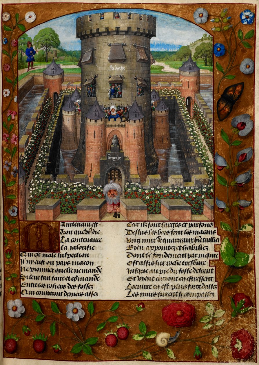 Jaluzi (Kıskançlık) tarafından askerler tarafından korunan bir kuleye hapsedilen Bel Acueil (Adil Karşılama), 'Le Roman de la Rose'dan by Master of the Dresden Prayer Books