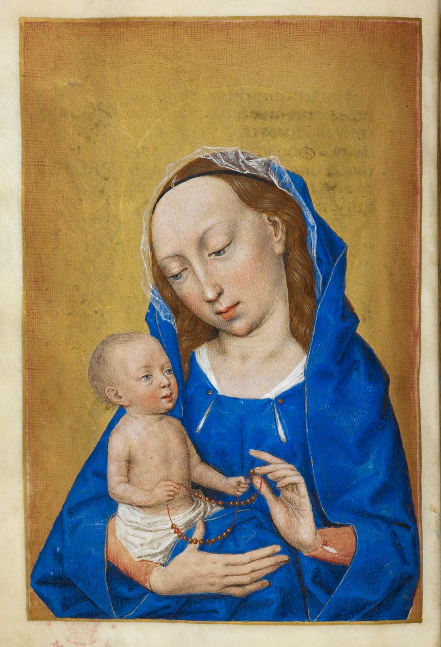 Advent'te Bakire Saatleri. Bakire ve Çocuk, boncuktan bir gerdanlıkla oynuyor. by Master of the Dresden Prayer Books