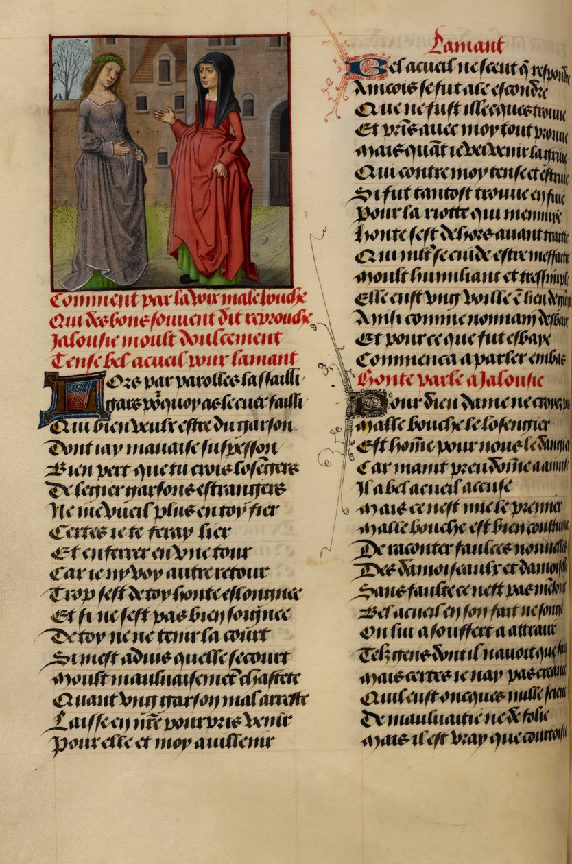 Minyatür Jaluzi'yi (Kıskançlık) 'Le Roman de la Rose'dan Bel Accueil'le (Adil Karşılama) konuşurken gösterir. by Master of the Dresden Prayer Books
