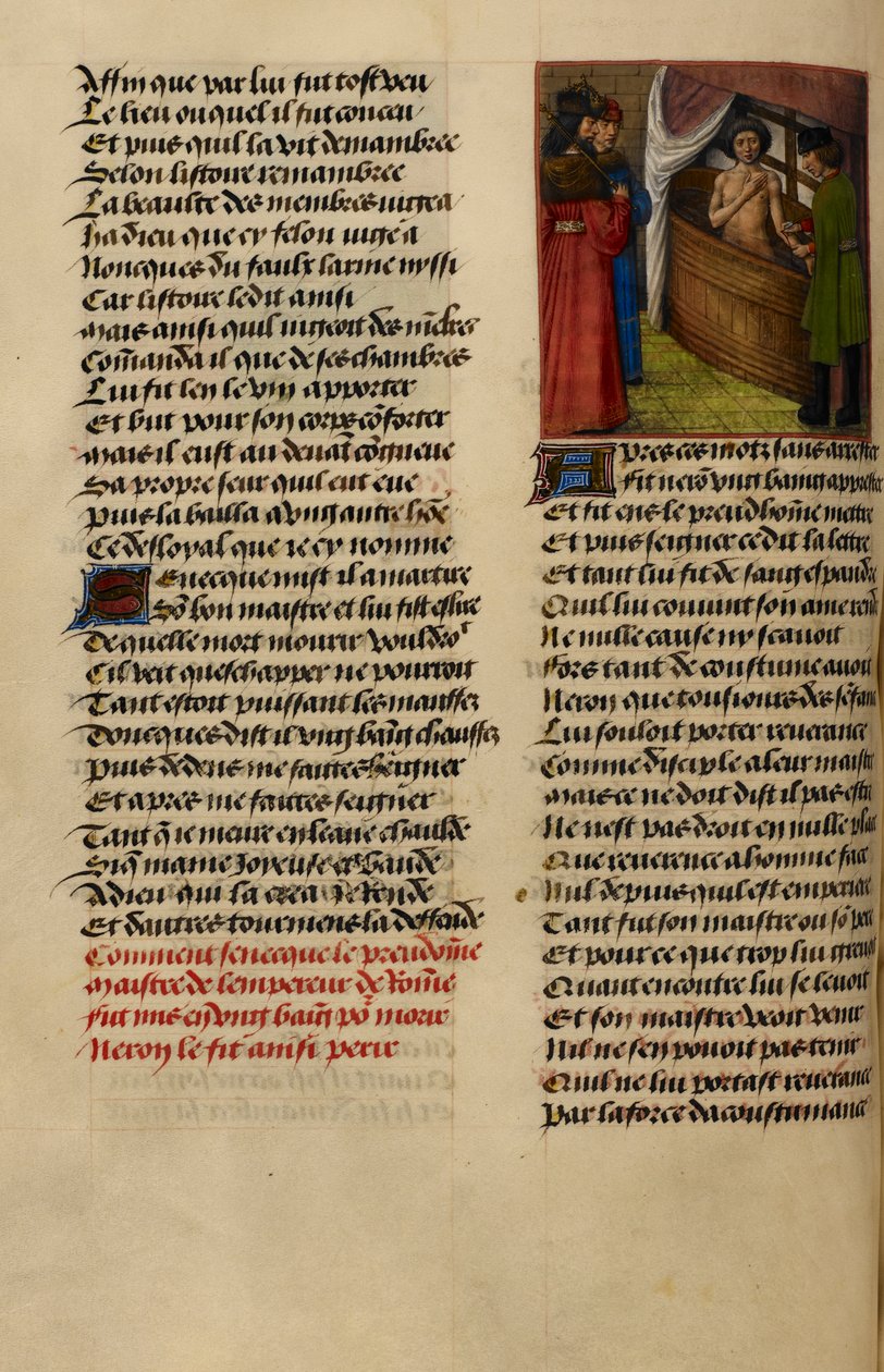 Minyatür, Nero'nun 'Le Roman de la Rose'dan Seneca'nın banyosunda bileklerinin kesilmesini izlediğini gösteriyor. by Master of the Dresden Prayer Books