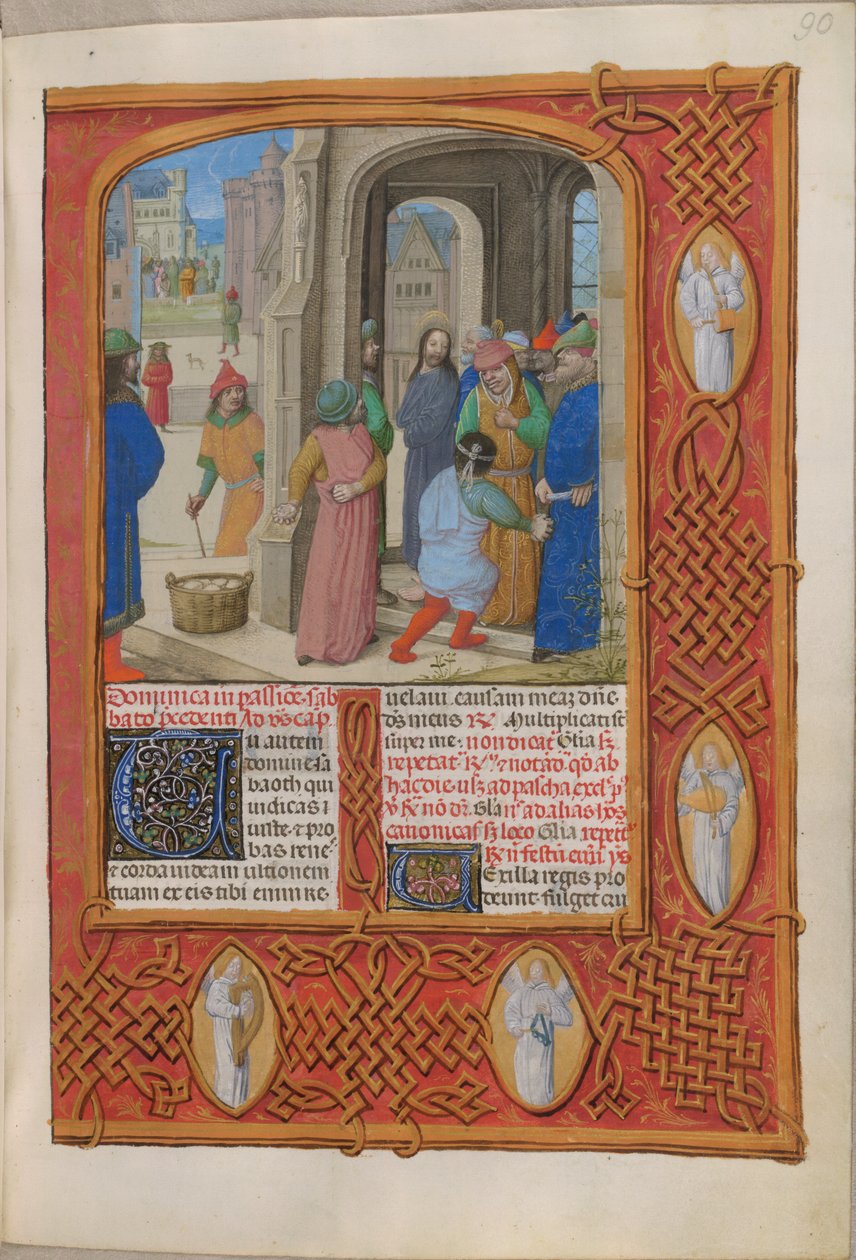 Temporale (1. kısım: Advent'in İlk Pazar gününden Kutsal Cumartesi gününe kadar). Yahudiler, Süleyman Mabedi'nde (Tutku Pazarı) küfür ettiği için Mesih'i taşlamakla tehdit ettiler. Melekler içeren kenarlık. İki metin sütunu. by Master of the Dresden Prayer Books