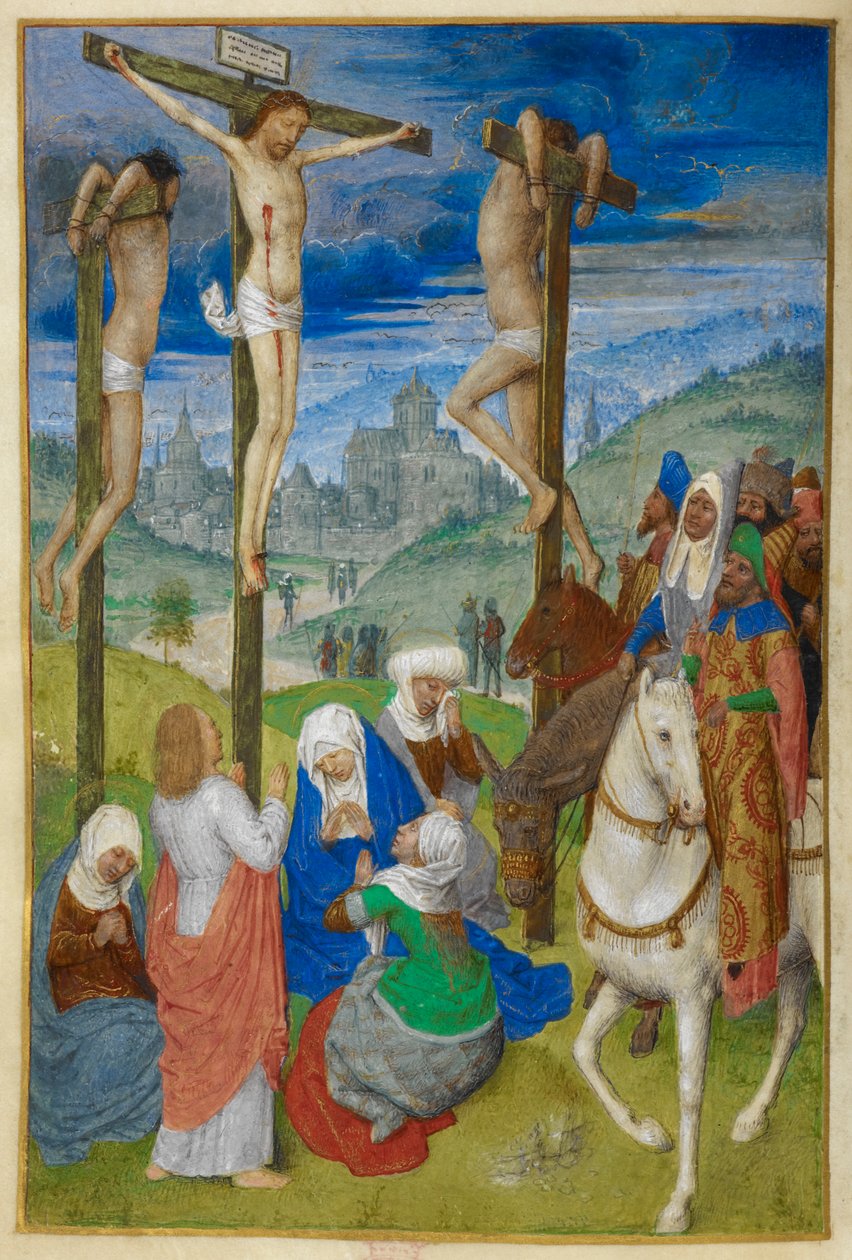 Çarmıha gerilme. Haç Saatleri. Birkaç figürle iki hırsız arasında çarmıhta İsa; at sırtında üç. St John ayağa kalkar ve Bakire ve Üç Marie haçın dibinde oturur. Arka planda Kudüs'ten bir görüntü. by Master of the Dresden Prayer Books