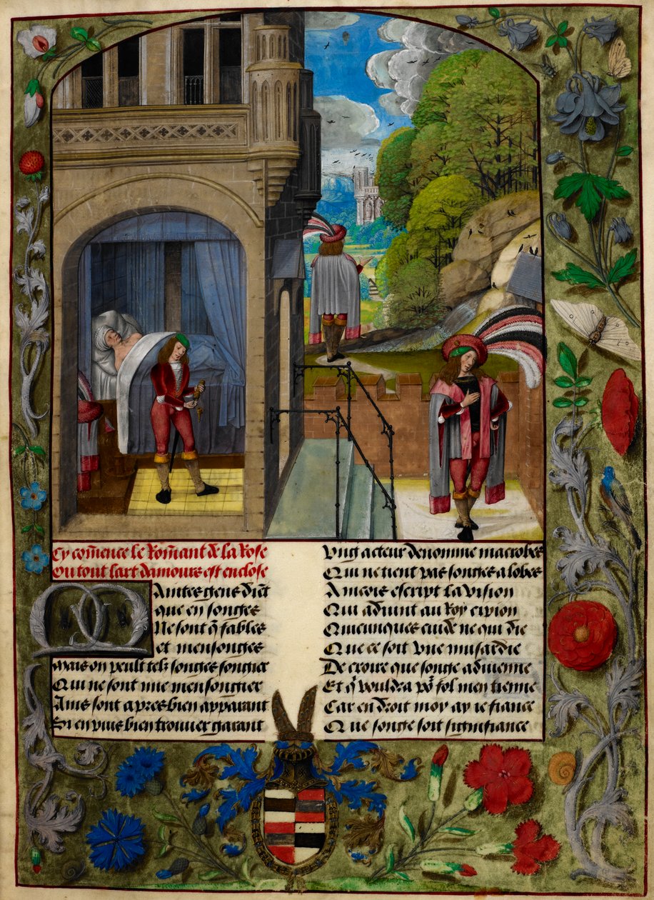Aşık uyuyor, kalkıyor ve 'Le Roman de la Rose'dan Aşk Bahçesi'ne gidiyor by Master of the Dresden Prayer Books