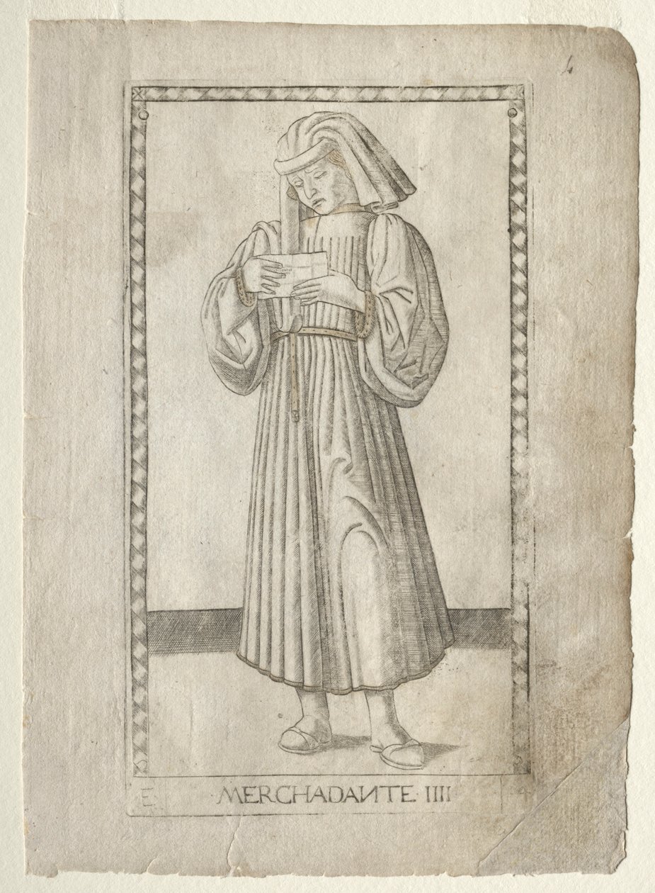 Tarocchi'den Tüccar, E serisi: İnsanın Koşulları, #4, 1467'den önce. by Master of the E Series Tarocchi