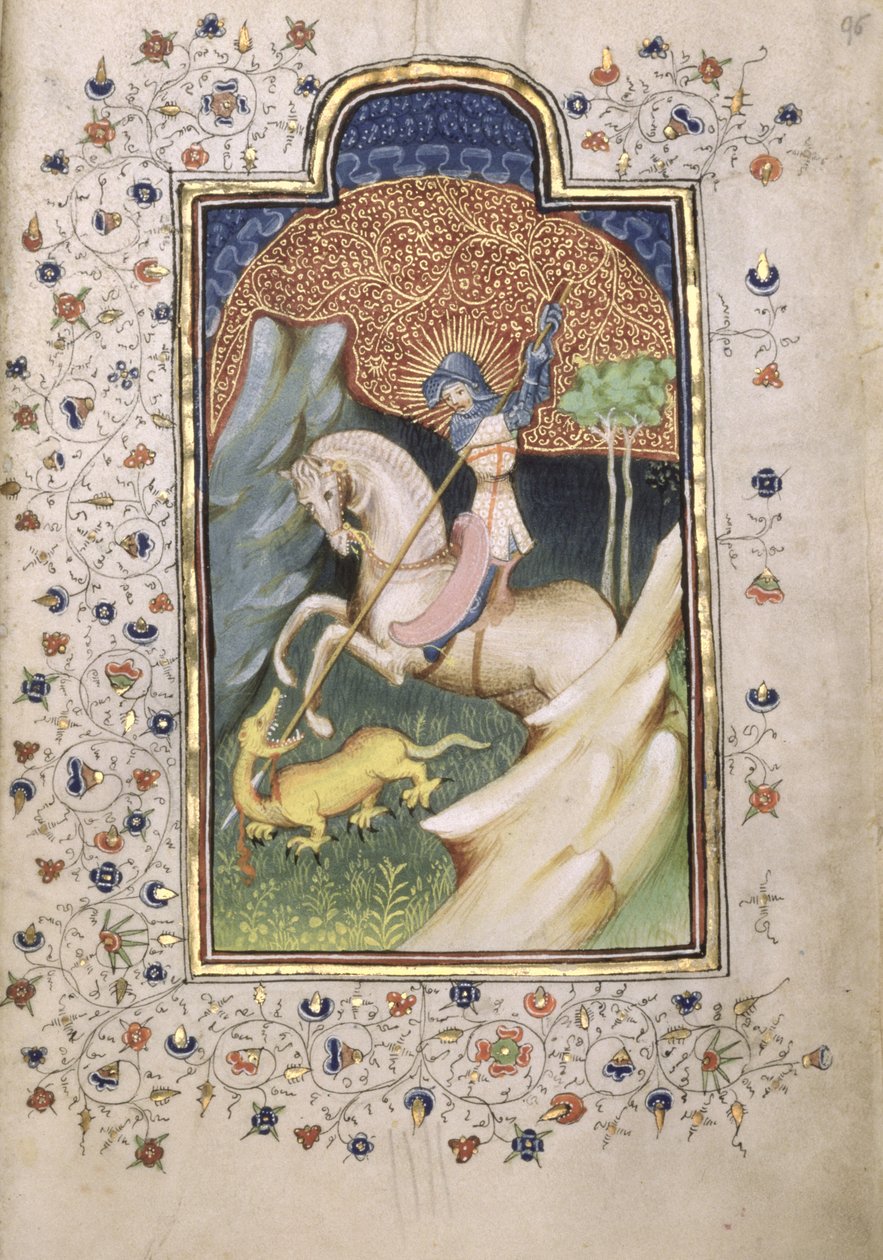 St George, ejderhayla savaşıyor, 1420-30 (parşömen üzerinde tempera ve altın) by Master of the Embroidered Foliage