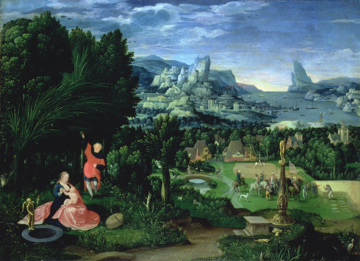 The Rest on the Flight into Egypt, landscape painted by Joachim Patinir (fl.1515-25) (panel) by Master of the Female Half Lengths