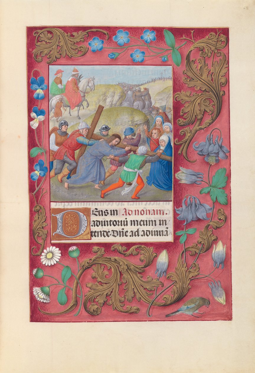 İspanya Kraliçesi Katolik Kraliçe Isabella'nın Saatleri: Fol. 69r, Çarmıhı Taşıyan İsa, c. 1500. by Master of the First Prayerbook of Maximillian