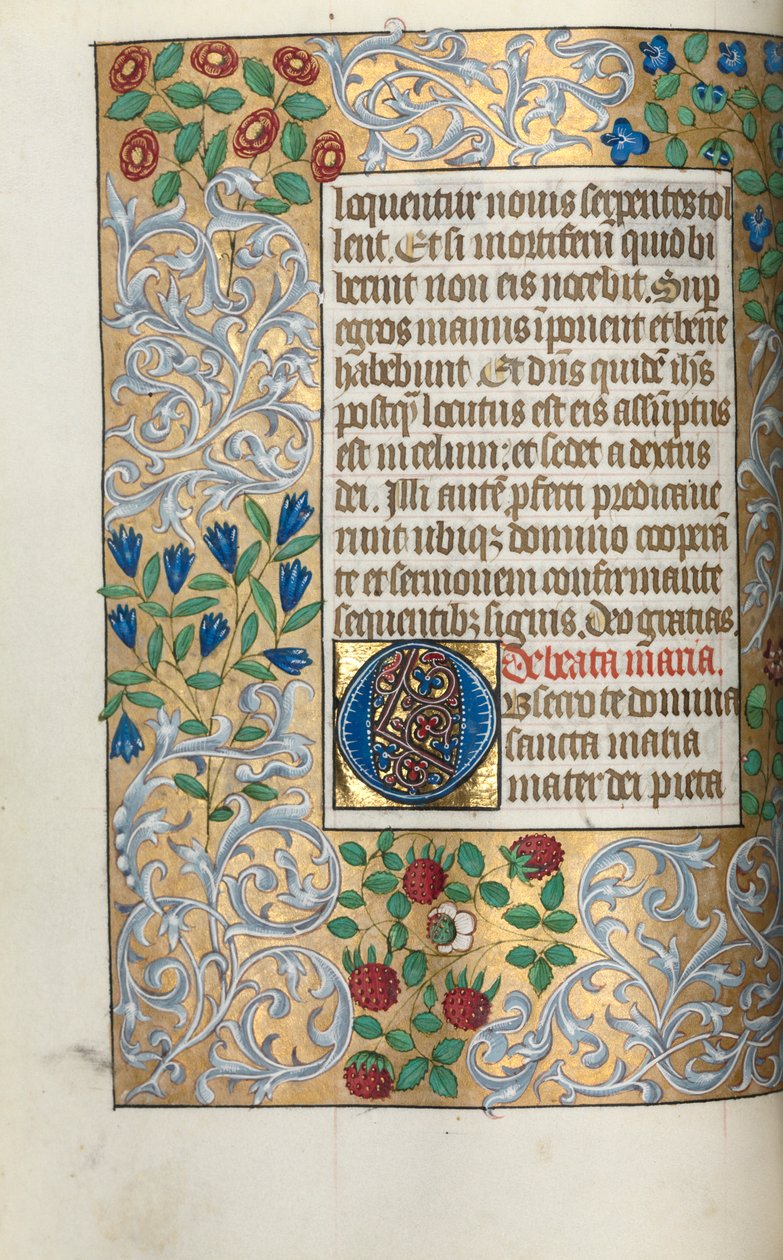 Rouen Kullanım Saatleri Kitabı: fol. 18v, Ayrıntılı Kenarlıklı Büyük İlk O, c. 1470. by Master of the Geneva Latini
