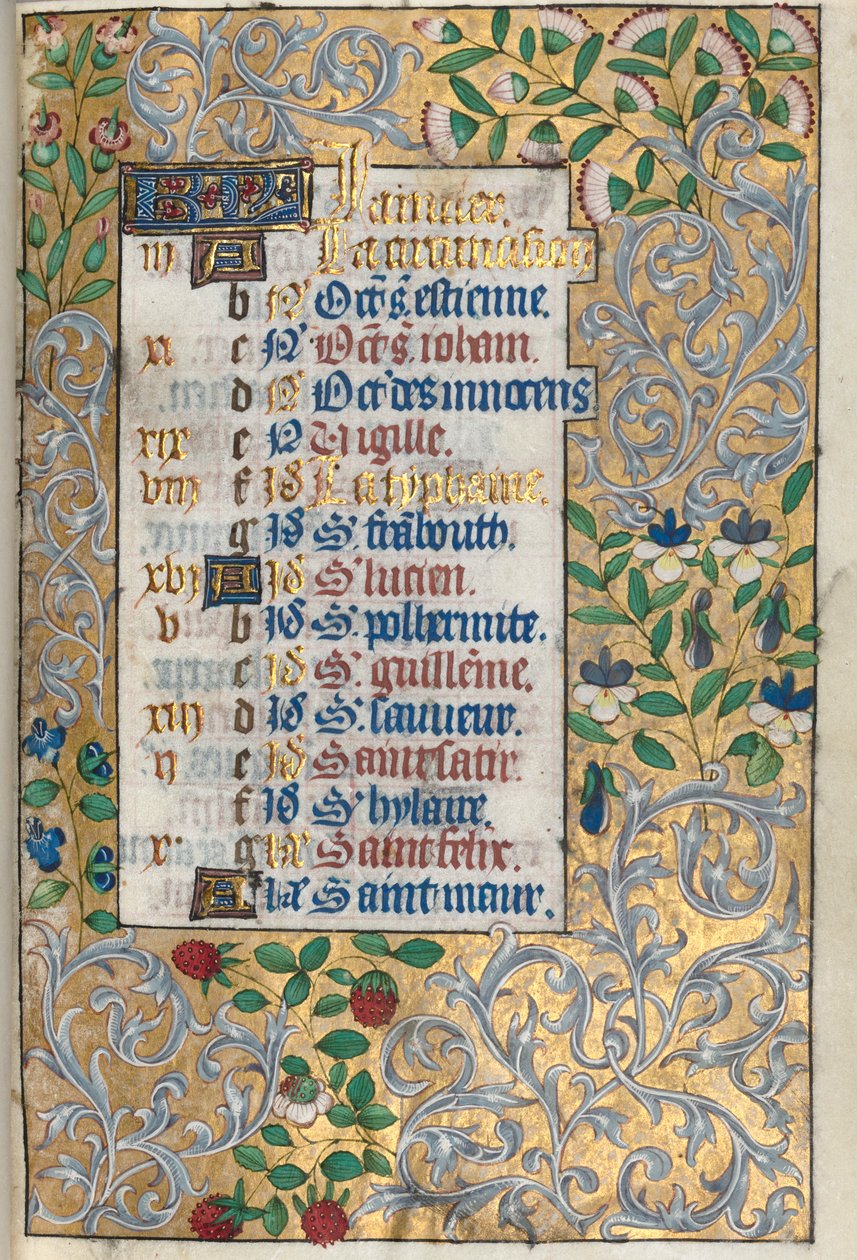 Rouen Kullanım Saatleri Kitabı: fol. 1r, Ayrıntılı Yapraklı Bordür, c. 1470. by Master of the Geneva Latini