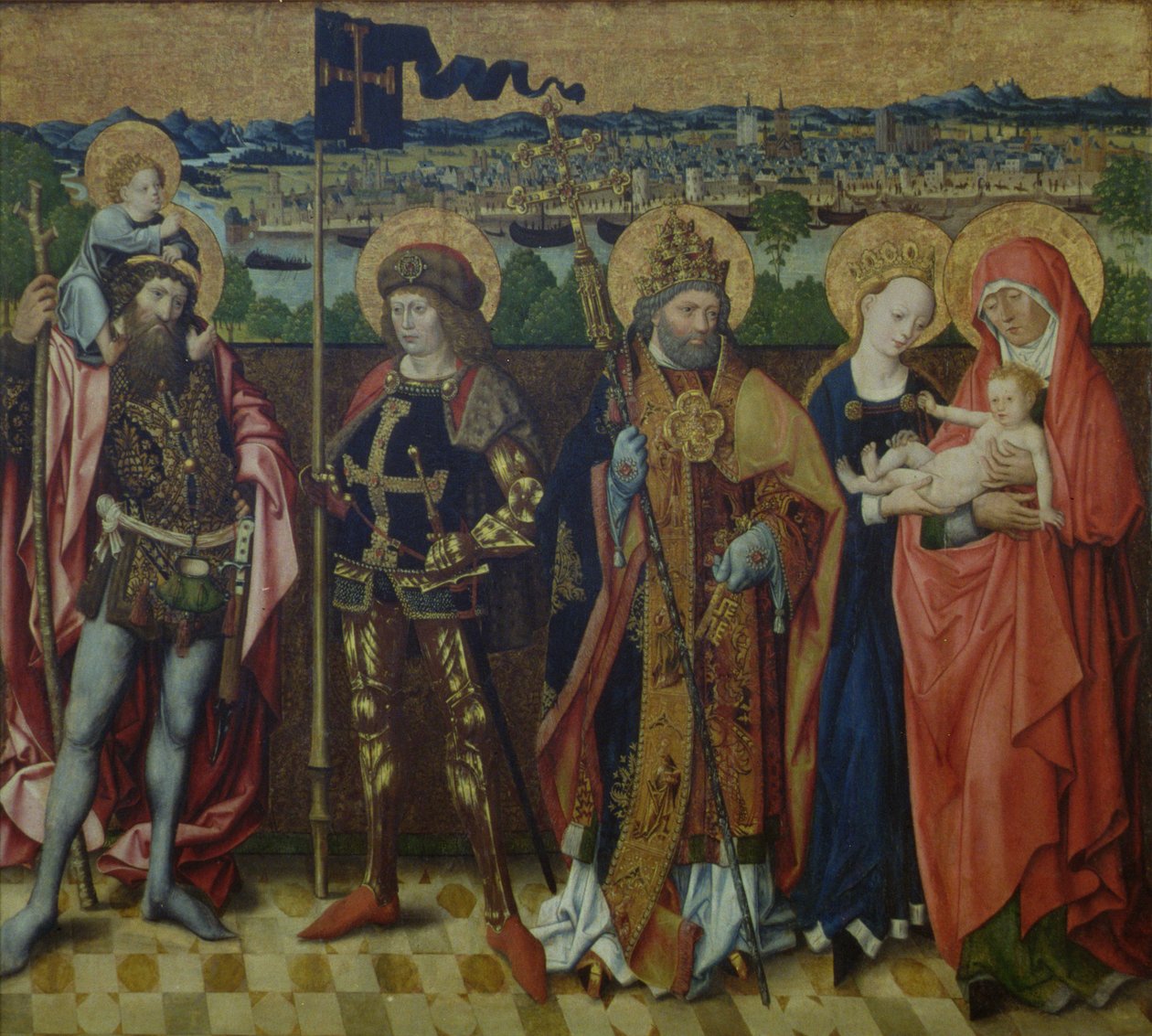 St. Anne, The Virgin and Child, St. Christopher, St. Gereon ve St. Peter, bir Peyzajda, Köln ve Yedi Tepeyi gösteriyor, c.1460-80 (meşe) by Master of the Glorification of Mary