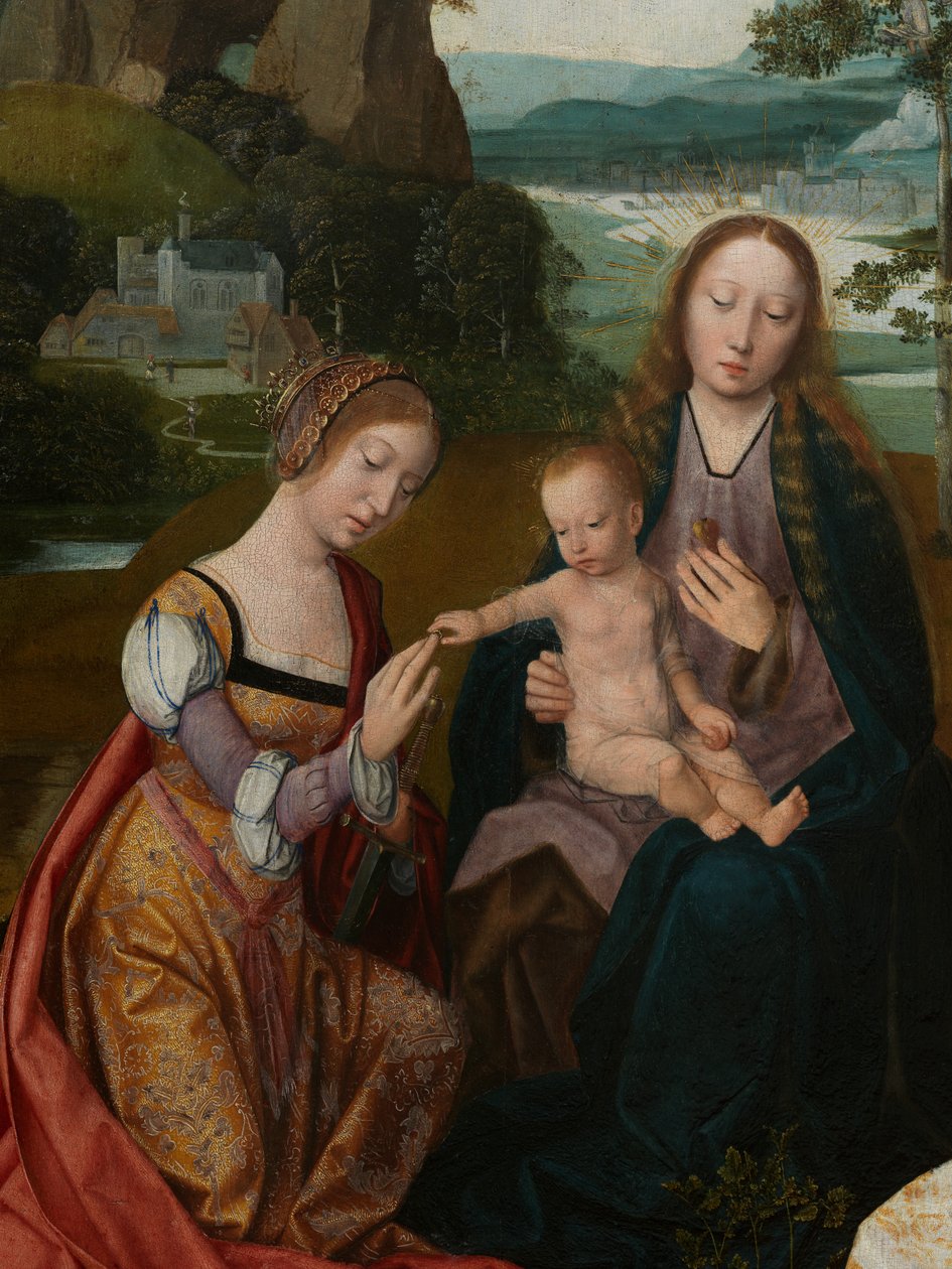 Aziz Catherine ve Aziz Barbara ile Bakire ve Çocuk'un orta panelinin detayı, c.1520-25 (panel üzerine yağlı boya) by Master of the Holy Blood