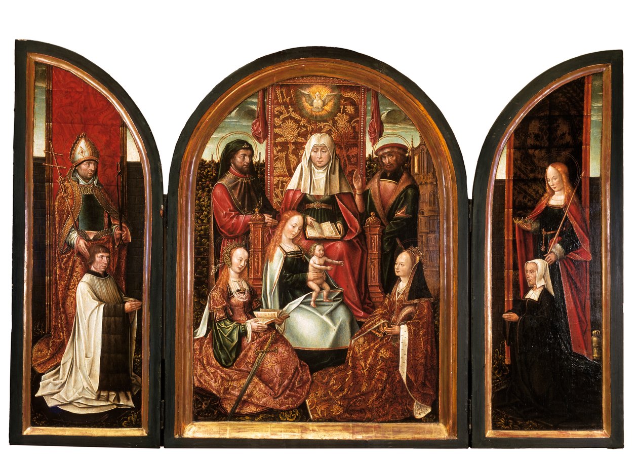 Aziz Livinus'lu bir Kanon (sol kanat), Aziz Anne Ailesi (orta panel), Donör ve Aziz Elizabeth (sağ kanat), Müjde (kapalı) c.1500-10 (panelde yağlı boya) by Master of the Holy Family of St. Anne