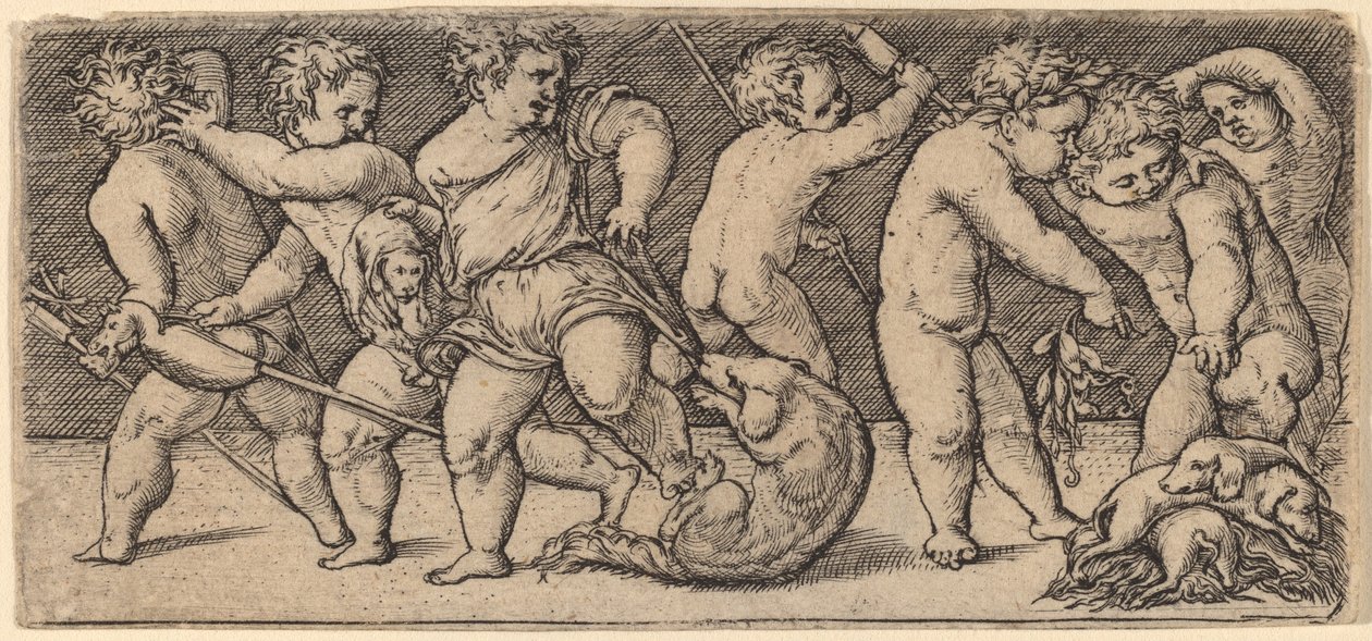Bir Orospu ve Üç Genç Köpekle Oynayan Çocuklar by Master of the Horse Heads
