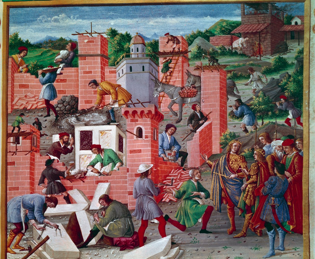 Roma şehrinin inşaatı. İkizler Romulus ve Remus siteyi ziyaret eder (işin teftişi ve ön çalışma). İşçiler görevde aktif: Macons, Taş Terziler, taşıyıcılar, mermer ve çimento (çimento hazırlama) iş başında. “” Romuleon