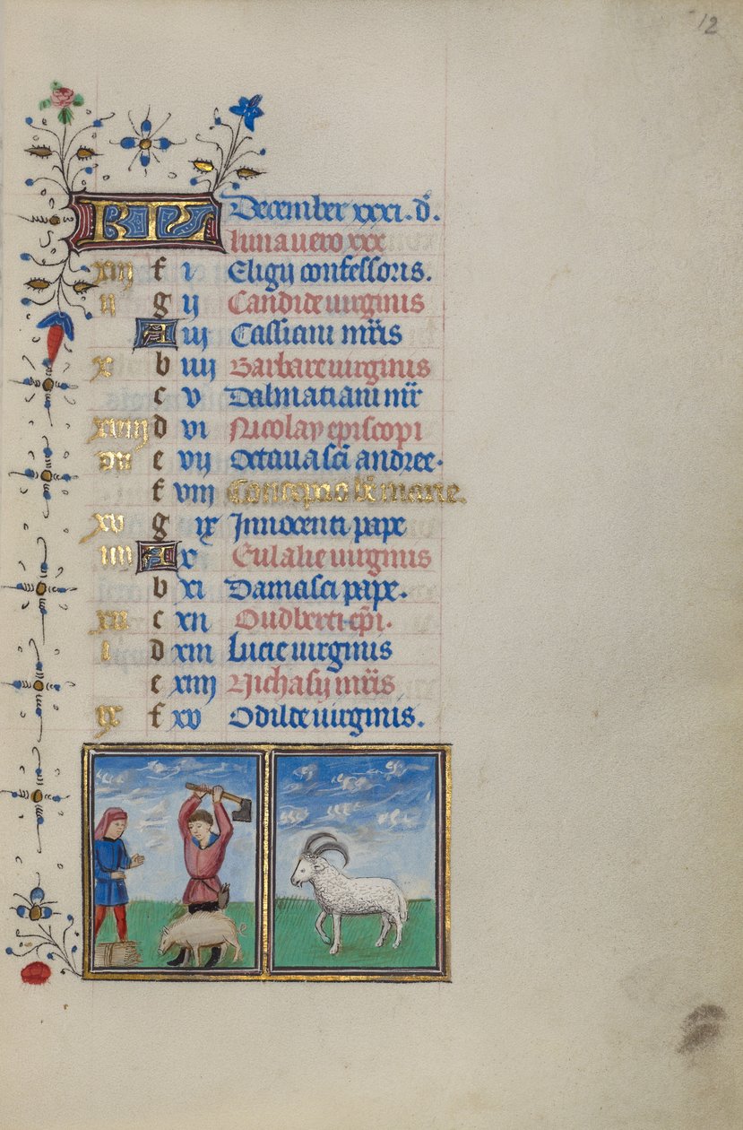 Aralık Ayı Takvim Sayfası; Domuz Kesimi; Oğlak Burcu by Master of the Lee Hours