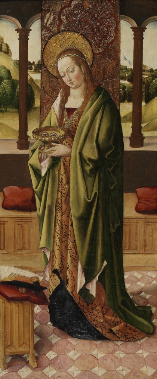 İki Melekli Bakire ve Çocuk Üçgeni, sağ panelden St. Lucy detayı, c.1500 (ayrıca bkz. 225326, 225327) by Master of the Lee Triptych Master of the Lee Triptych
